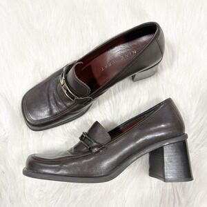 Nine‎ West Women's Dark Brown Leather Loafer Block Heels Square Toe Size 6M